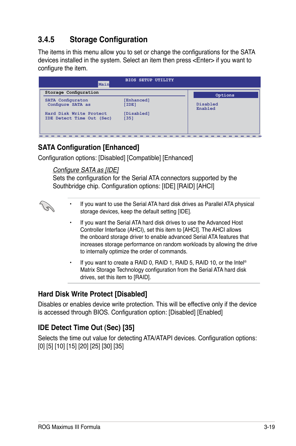 5 storage configuration, Sata configuration [enhanced, Hard disk write protect [disabled | Ide detect time out (sec) [35 | Asus Maximus III Formula User Manual | Page 93 / 172