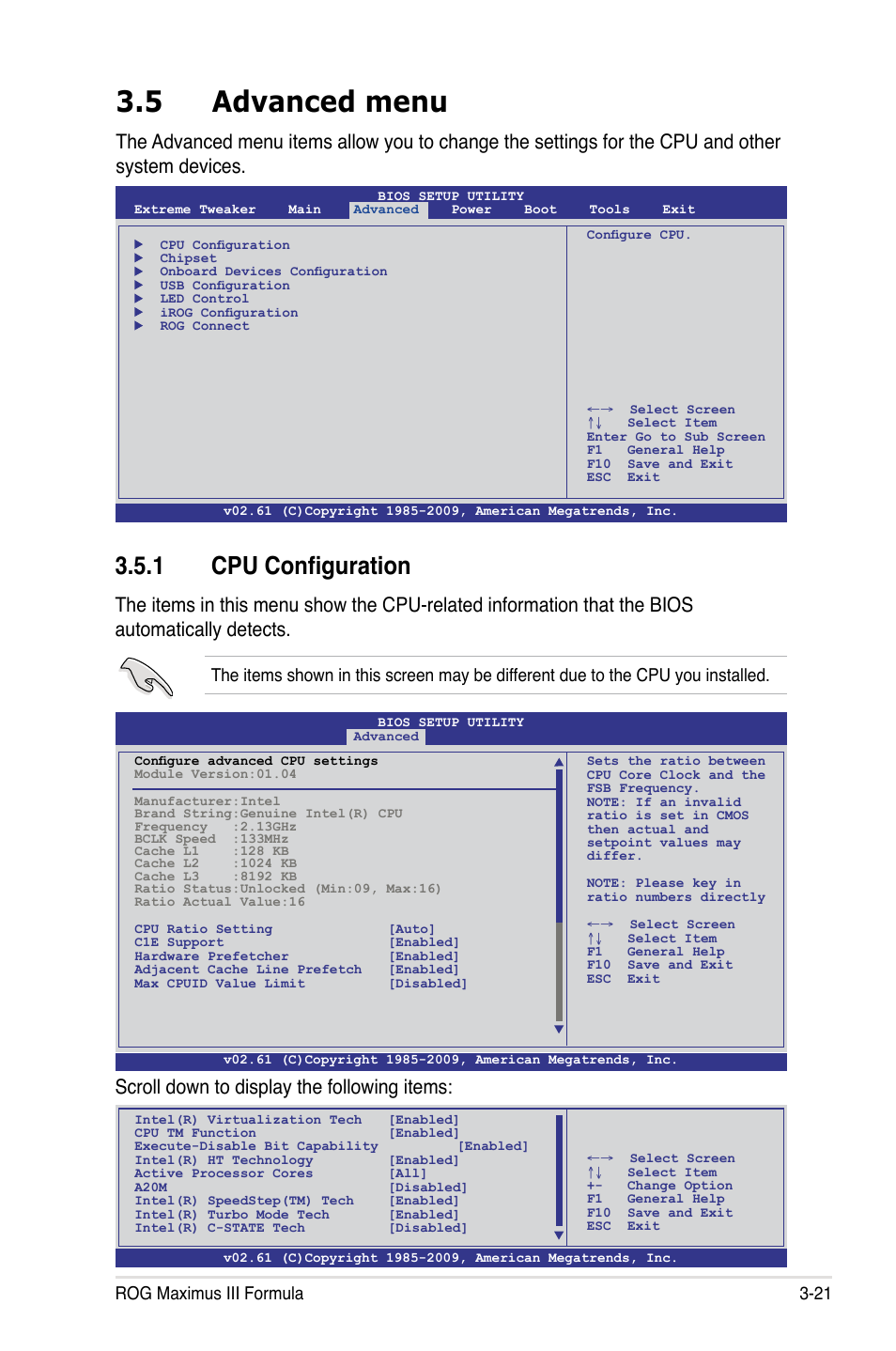 5 advanced menu, 1 cpu configuration, Scroll down to display the following items | Rog maximus iii formula 3-21 | Asus Maximus III Formula User Manual | Page 95 / 172