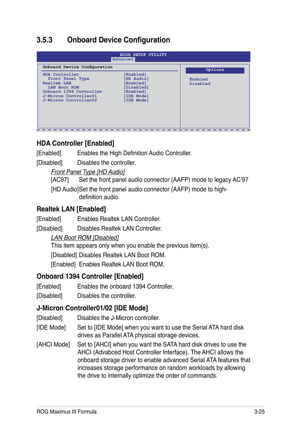 � onboard device configuration, Hda controller [enabled, Realtek lan [enabled | Onboard 1394 controller [enabled, J-micron controller01/02 [ide mode | Asus Maximus III Formula User Manual | Page 99 / 172