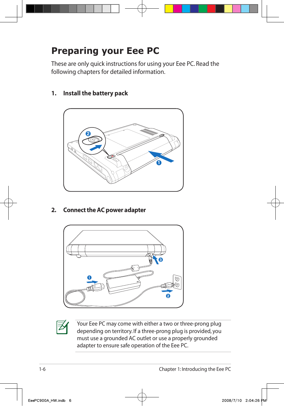 Preparing your eee pc | Asus Eee PC 900A/Linux User Manual | Page 10 / 66