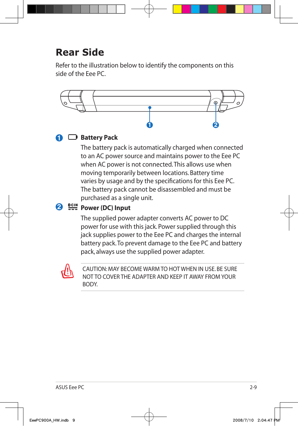 Rear side | Asus Eee PC 900A/Linux User Manual | Page 21 / 66