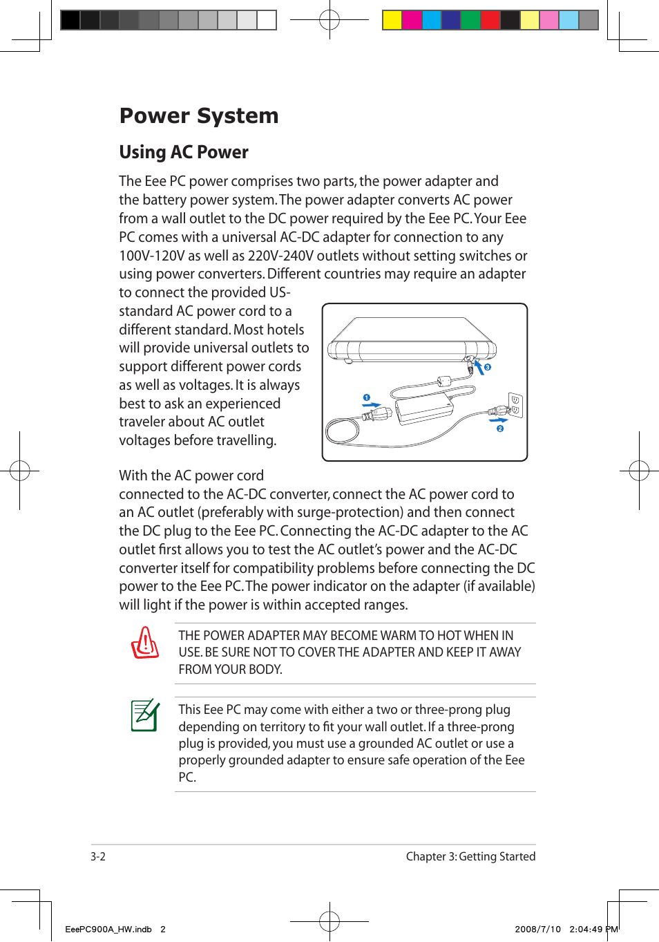 Power system, Using ac power | Asus Eee PC 900A/Linux User Manual | Page 24 / 66