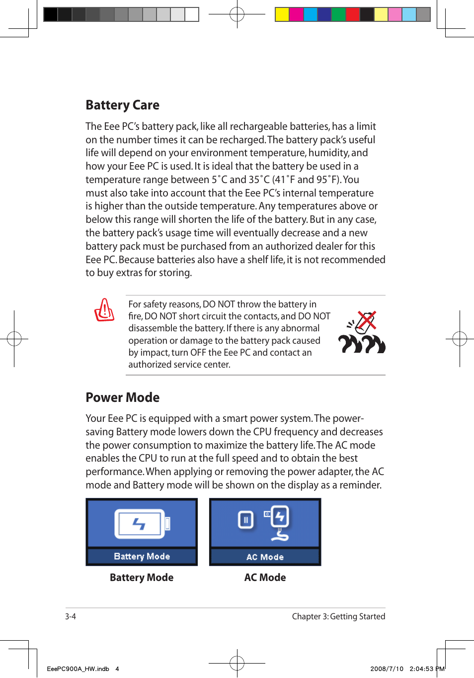 Battery care, Power mode | Asus Eee PC 900A/Linux User Manual | Page 26 / 66