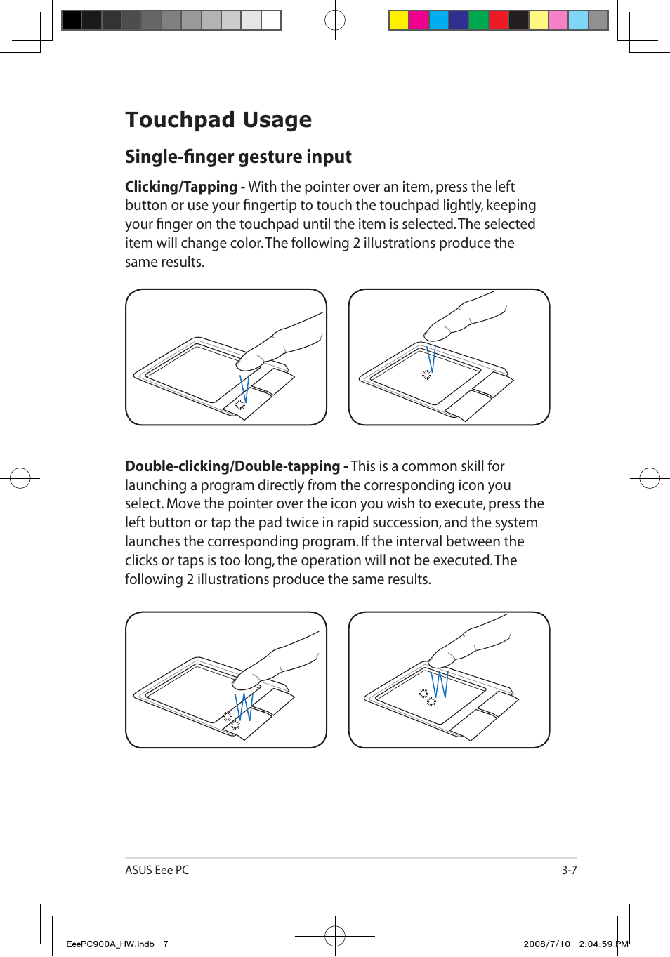 Touchpad usage, Single-finger gesture input | Asus Eee PC 900A/Linux User Manual | Page 29 / 66