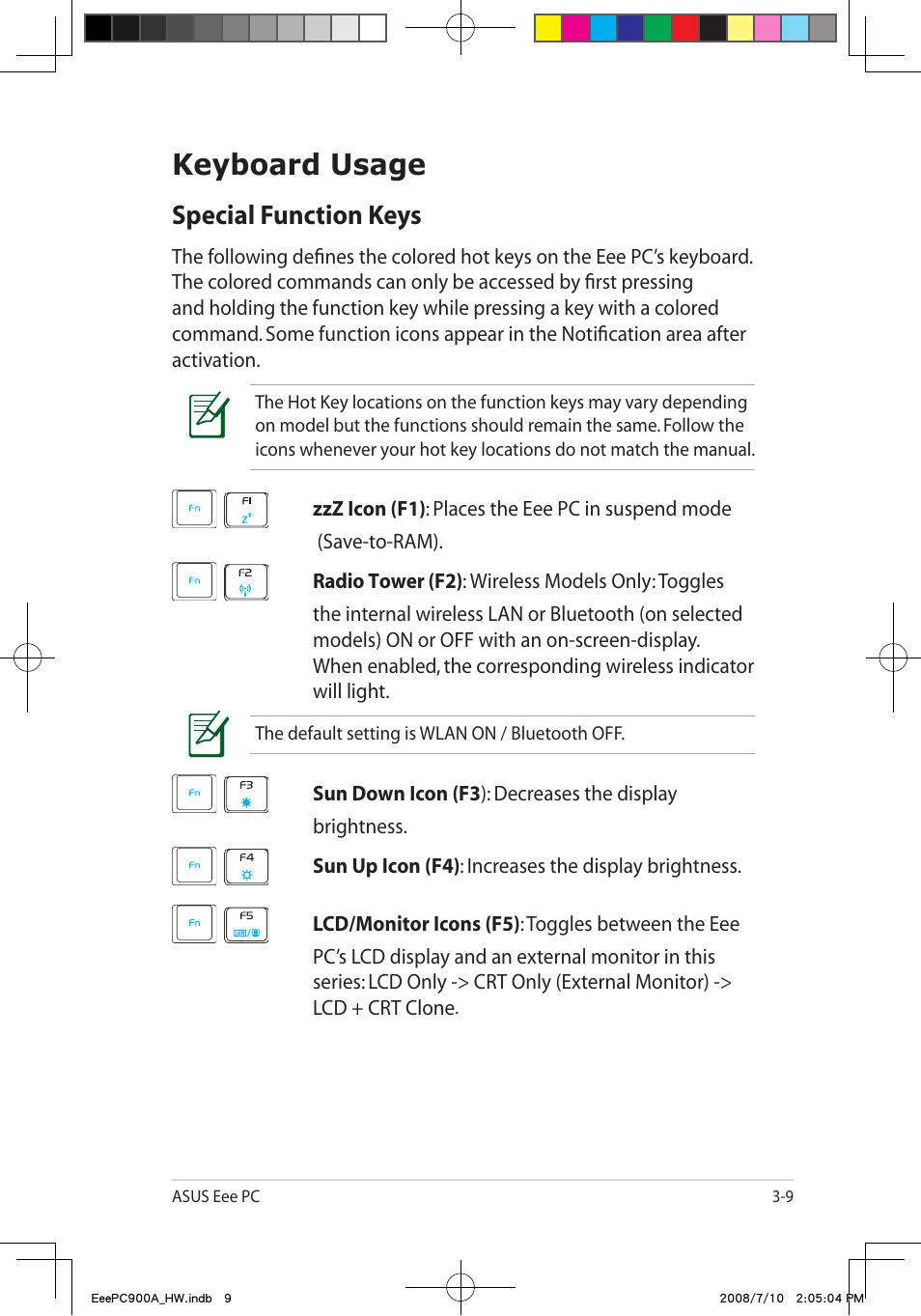 Keyboard usage, Special function keys | Asus Eee PC 900A/Linux User Manual | Page 31 / 66
