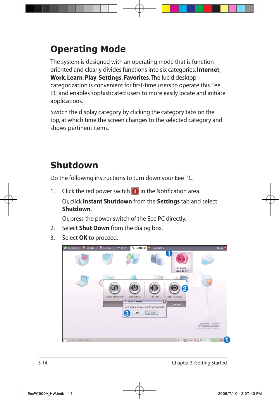 Operating mode, Shutdown | Asus Eee PC 900A/Linux User Manual | Page 36 / 66