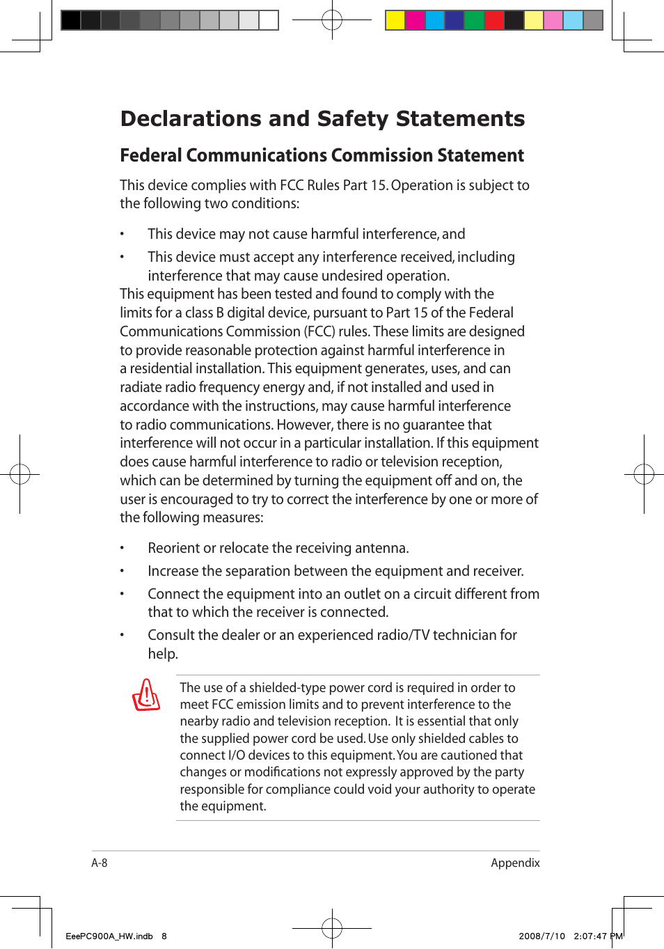 Declarations and safety statements, Federal communications commission statement | Asus Eee PC 900A/Linux User Manual | Page 44 / 66