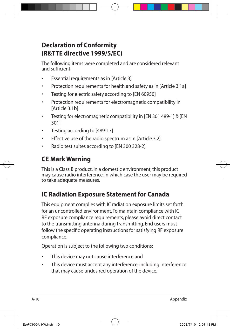 Ce mark warning, Ic radiation exposure statement for canada | Asus Eee PC 900A/Linux User Manual | Page 46 / 66