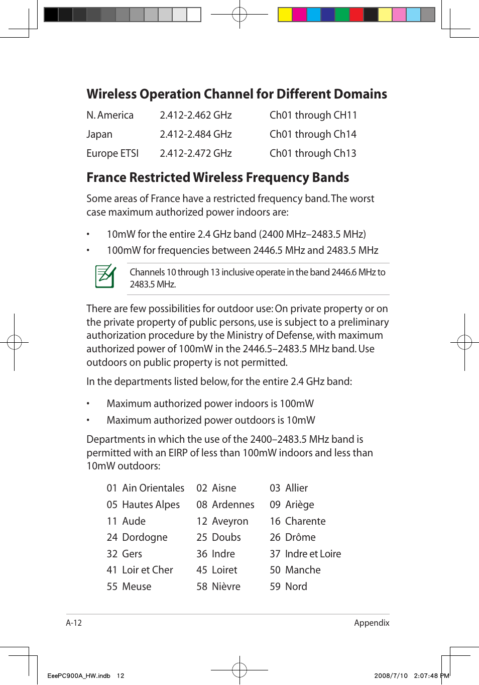 Wireless operation channel for different domains, France restricted wireless frequency bands | Asus Eee PC 900A/Linux User Manual | Page 48 / 66