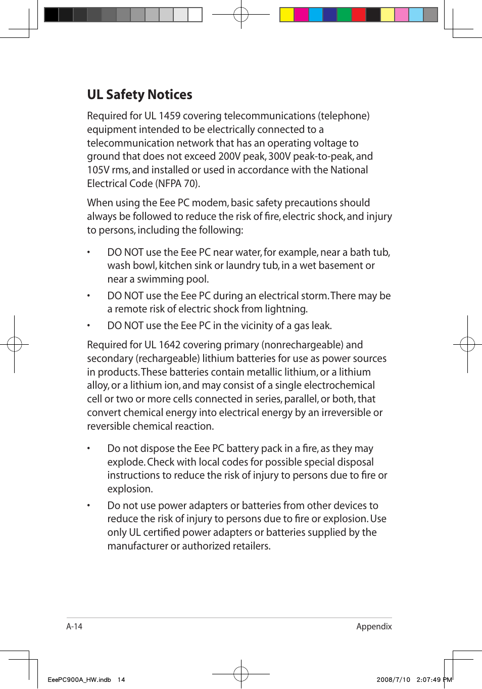 Ul safety notices | Asus Eee PC 900A/Linux User Manual | Page 50 / 66