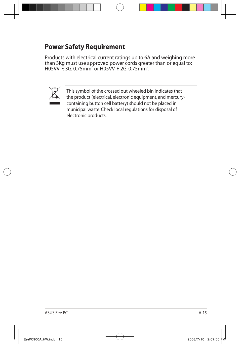 Power safety requirement | Asus Eee PC 900A/Linux User Manual | Page 51 / 66