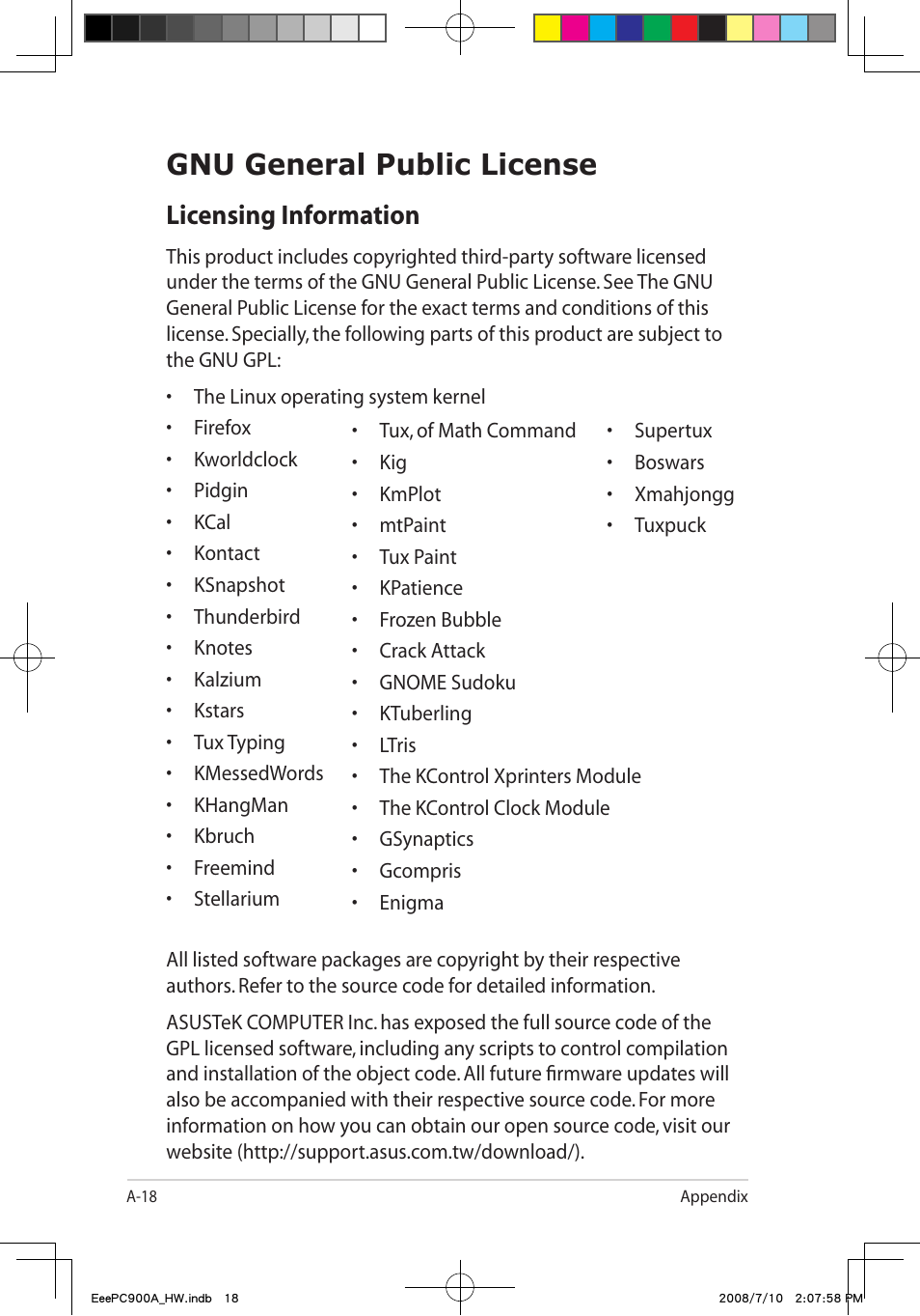 Gnu general public license, Licensing information | Asus Eee PC 900A/Linux User Manual | Page 54 / 66