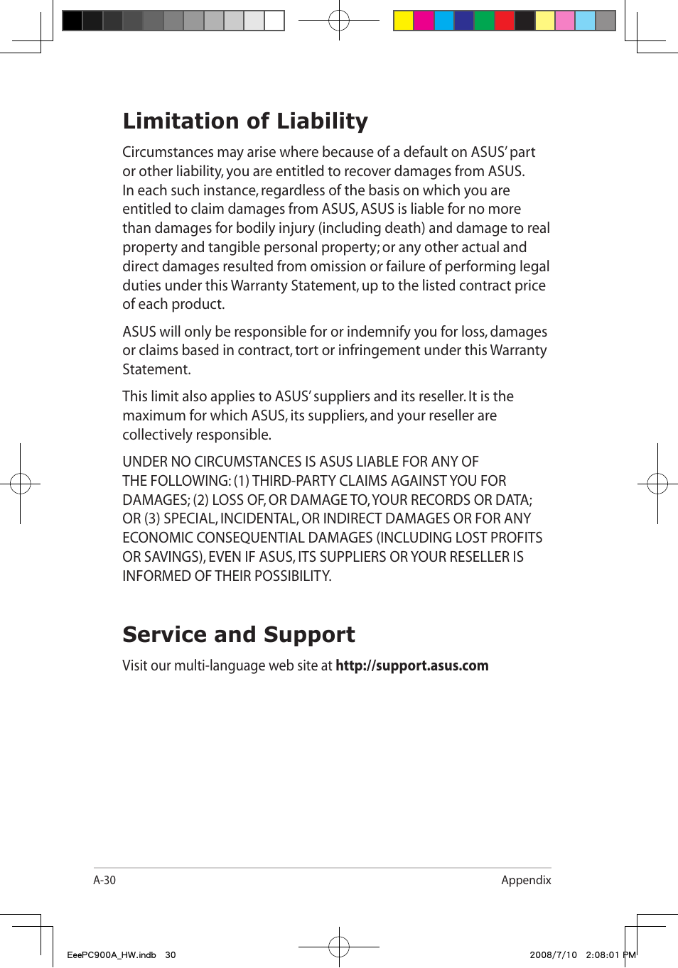Limitation of liability, Service and support | Asus Eee PC 900A/Linux User Manual | Page 66 / 66