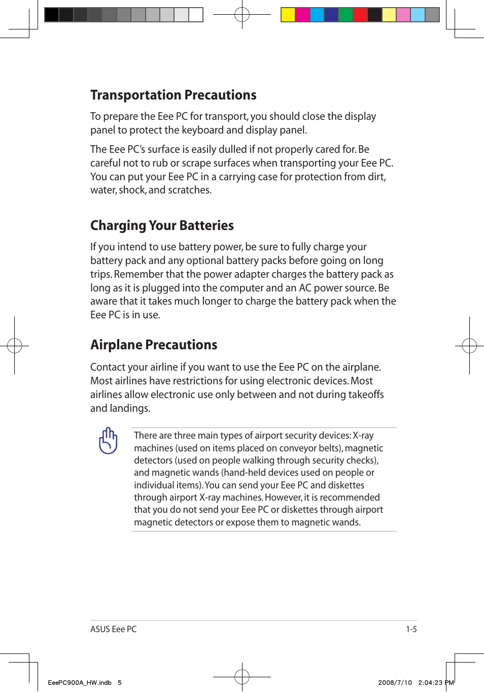 Transportation precautions, Charging your batteries, Airplane precautions | Asus Eee PC 900A/Linux User Manual | Page 9 / 66