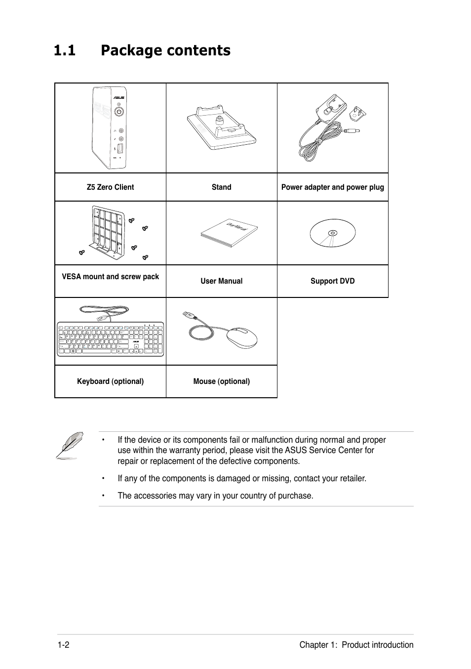 1 package contents, Package contents -2 | Asus Z5 User Manual | Page 12 / 50