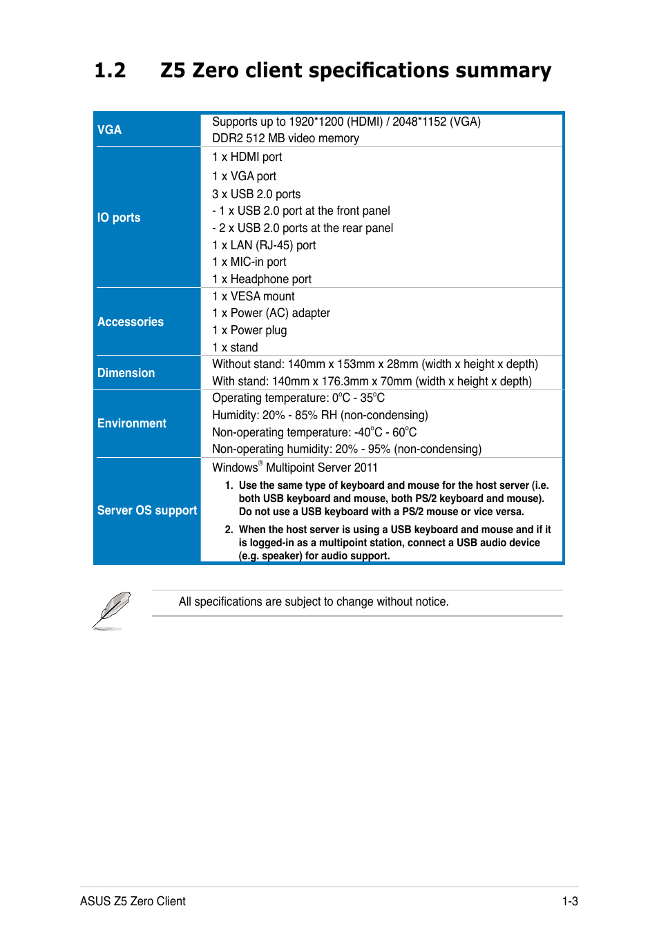 2 z5 zero client specifications summary, Z5 zero client specifications summary -3 | Asus Z5 User Manual | Page 13 / 50