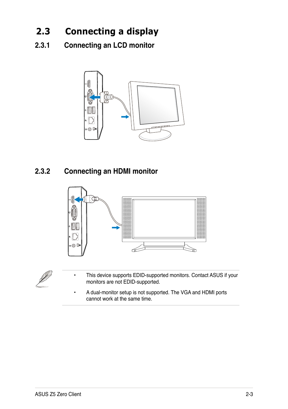 3 connecting a display, 1 connecting an lcd monitor, 2 connecting an hdmi monitor | Connecting a display -3 2.3.1, Connecting an lcd monitor -3, Connecting an hdmi monitor -3 | Asus Z5 User Manual | Page 19 / 50