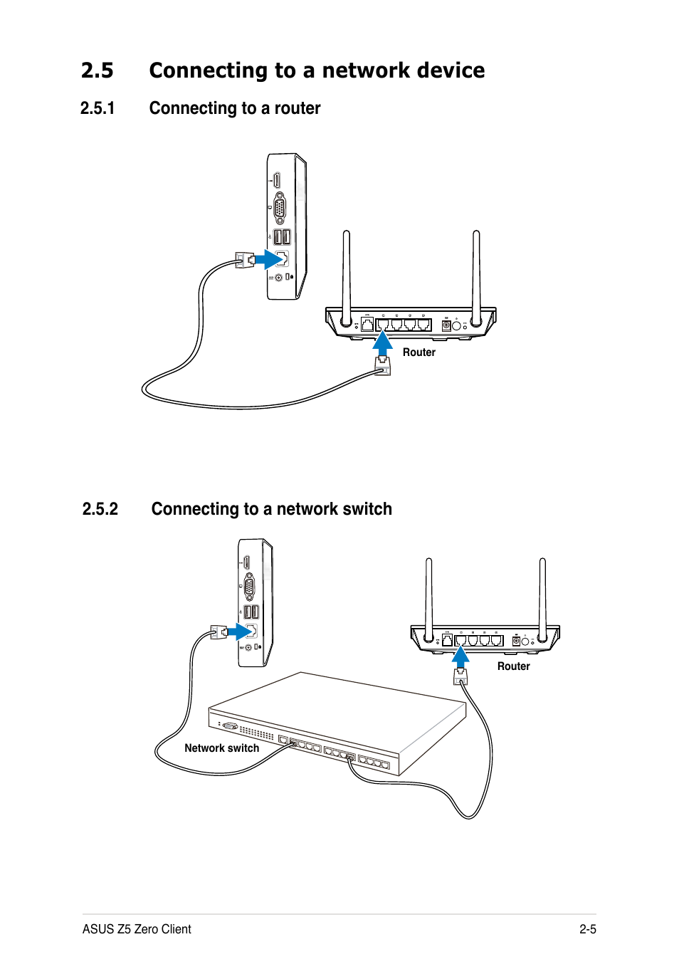 5 connecting to a network device, 1 connecting to a router, 2 connecting to a network switch | Connecting to a network device -5 2.5.1, Connecting to a router -5, Connecting to a network switch -5 | Asus Z5 User Manual | Page 21 / 50