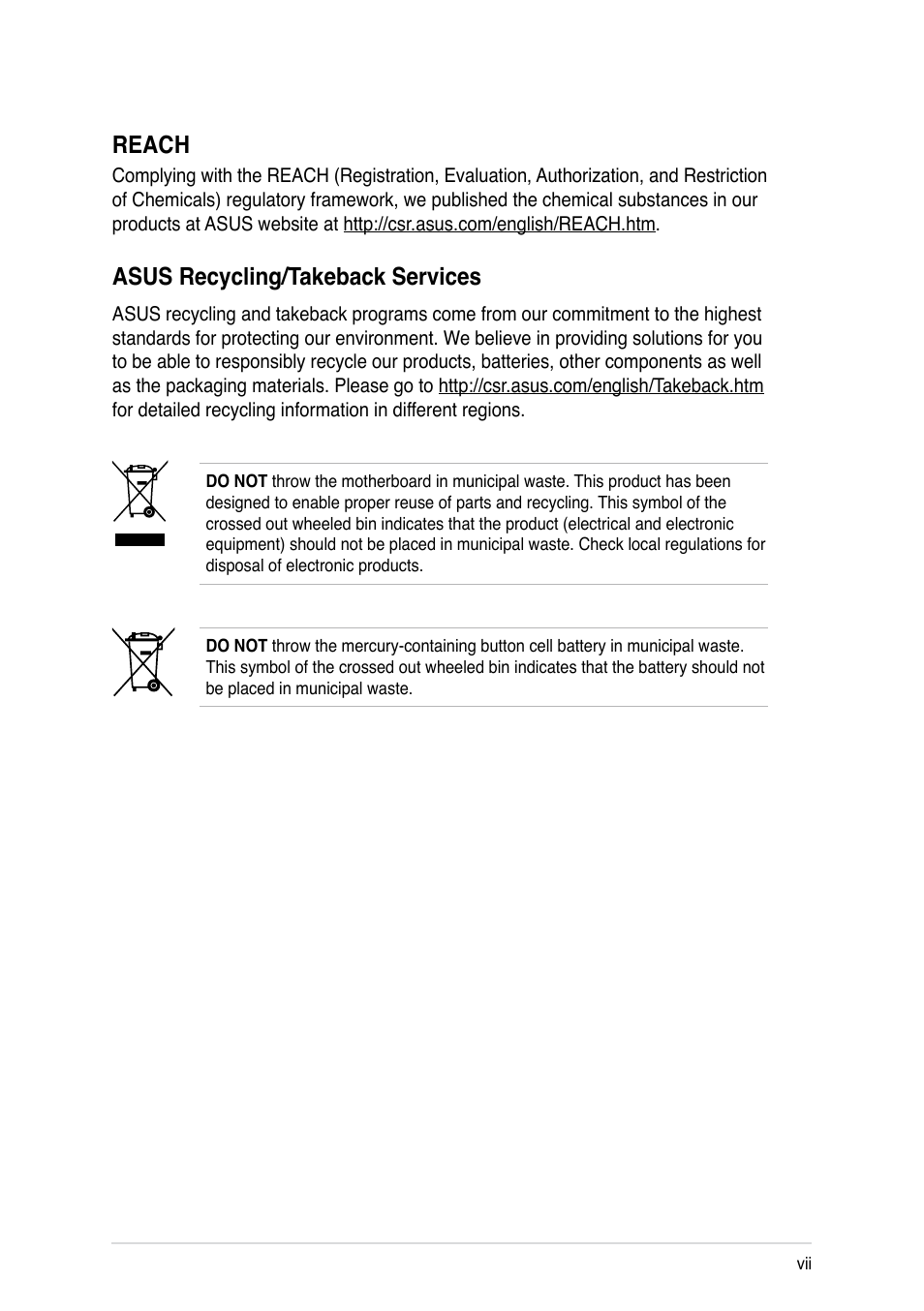 Reach, Asus recycling/takeback services | Asus Z5 User Manual | Page 7 / 50