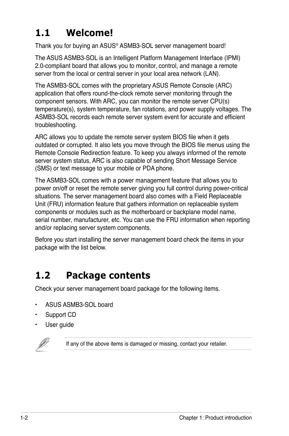 1 welcome, 2 package contents | Asus ASMB3 User Manual | Page 12 / 68