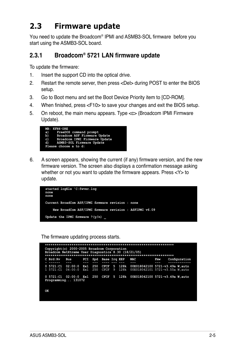 3 firmware update, 1 broadcom, 5721 lan firmware update | You need to update the broadcom, The firmware updating process starts | Asus ASMB3 User Manual | Page 19 / 68