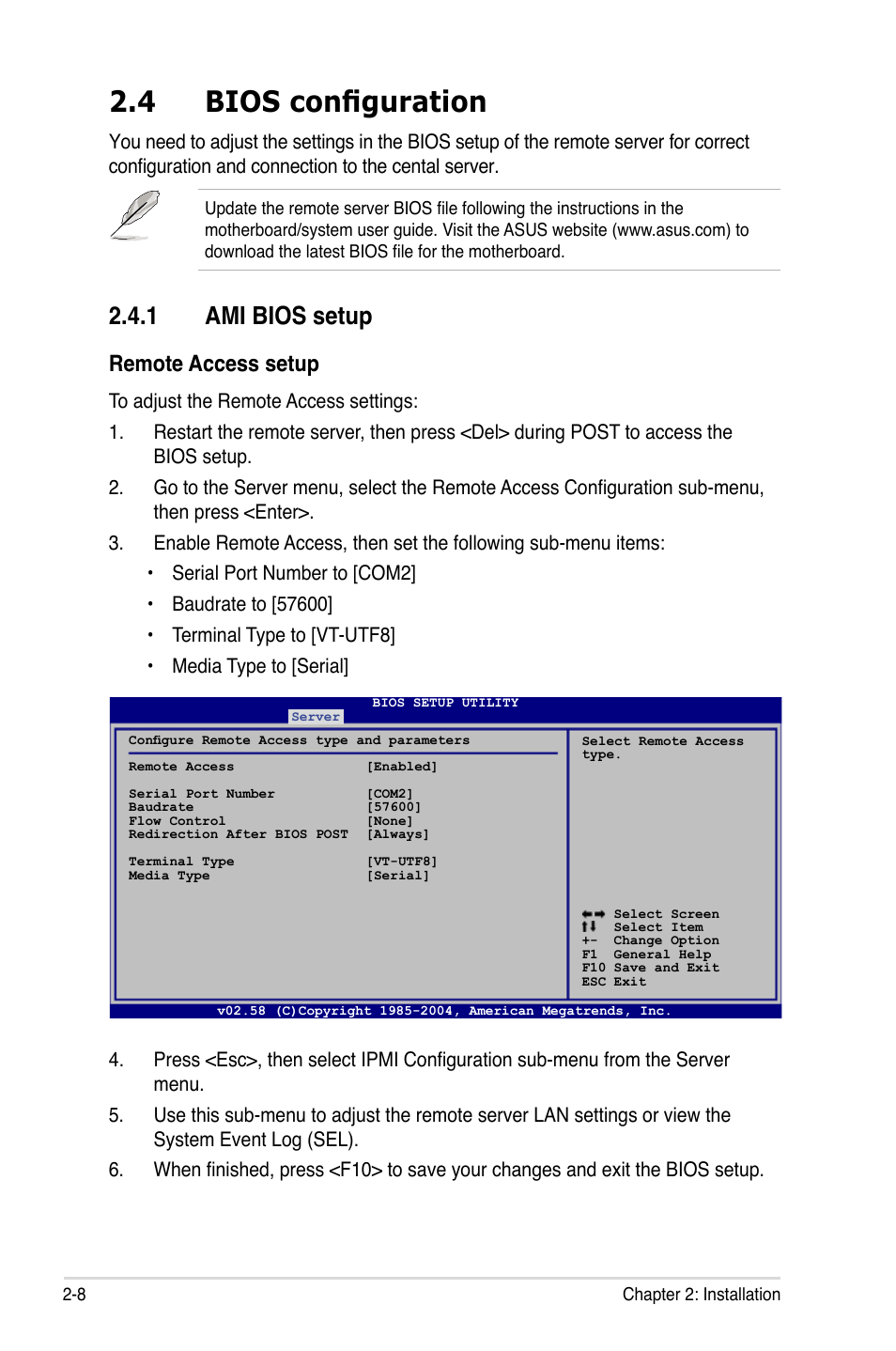 4 bios configuration, 1 ami bios setup, Remote access setup | Asus ASMB3 User Manual | Page 22 / 68