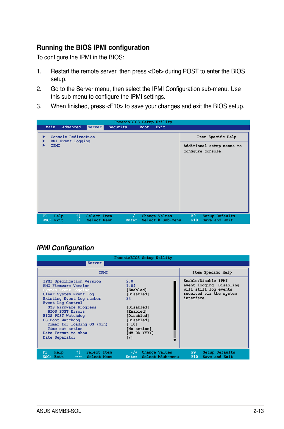 Running the bios ipmi configuration, Ipmi configuration, Asus asmb3-sol 2-13 | Asus ASMB3 User Manual | Page 27 / 68