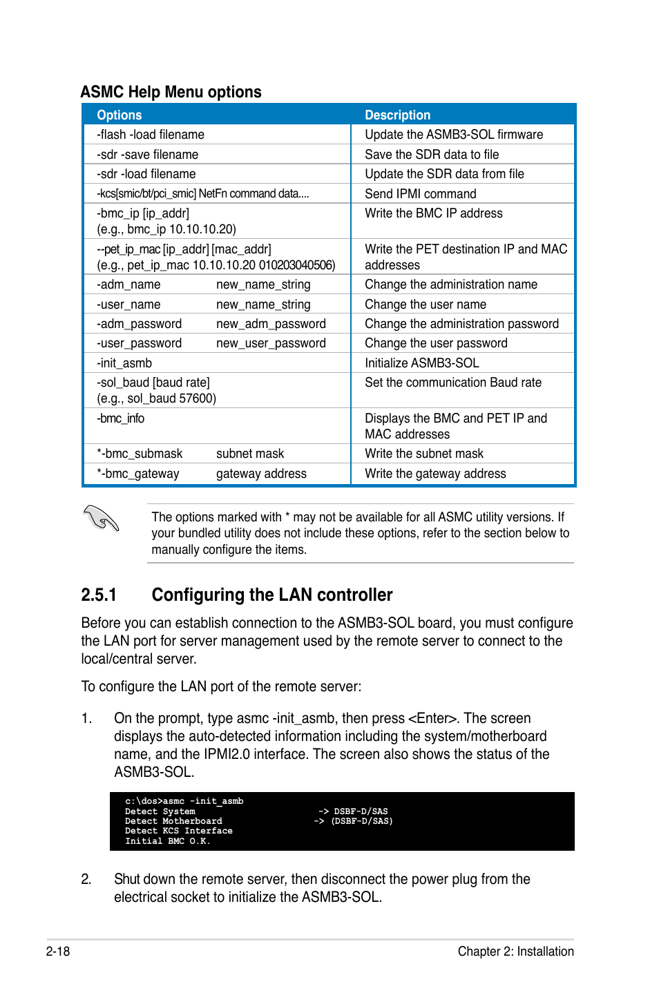 1 configuring the lan controller, Asmc help menu options | Asus ASMB3 User Manual | Page 32 / 68