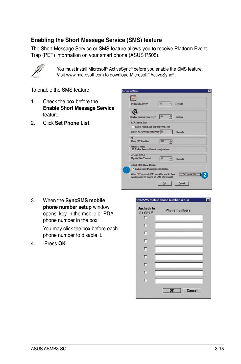 Enabling the short message service (sms) feature | Asus ASMB3 User Manual | Page 51 / 68