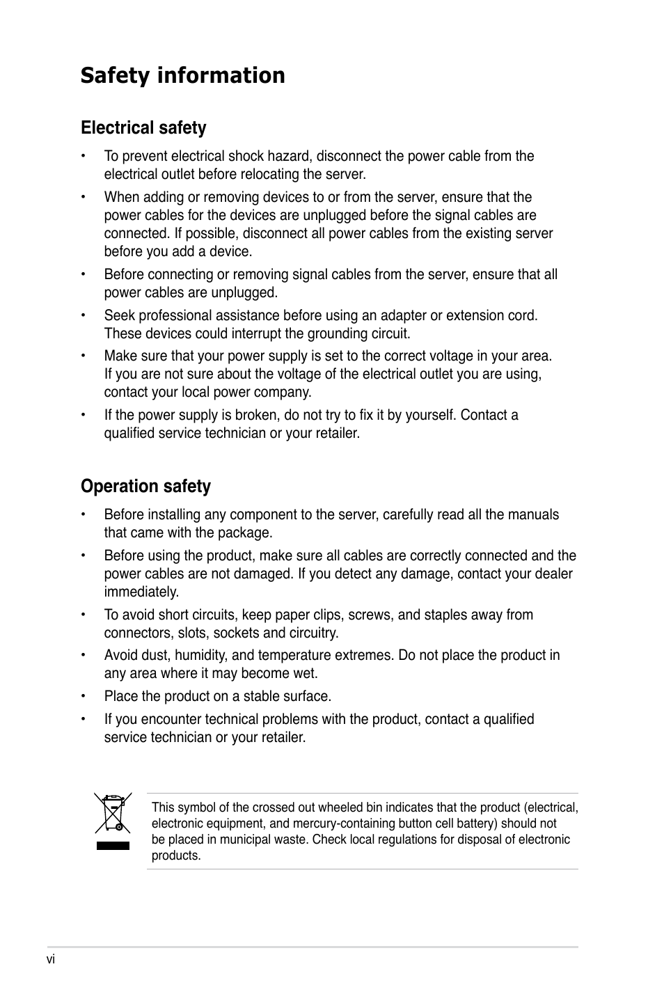 Safety information, Electrical safety, Operation safety | Asus ASMB3 User Manual | Page 6 / 68