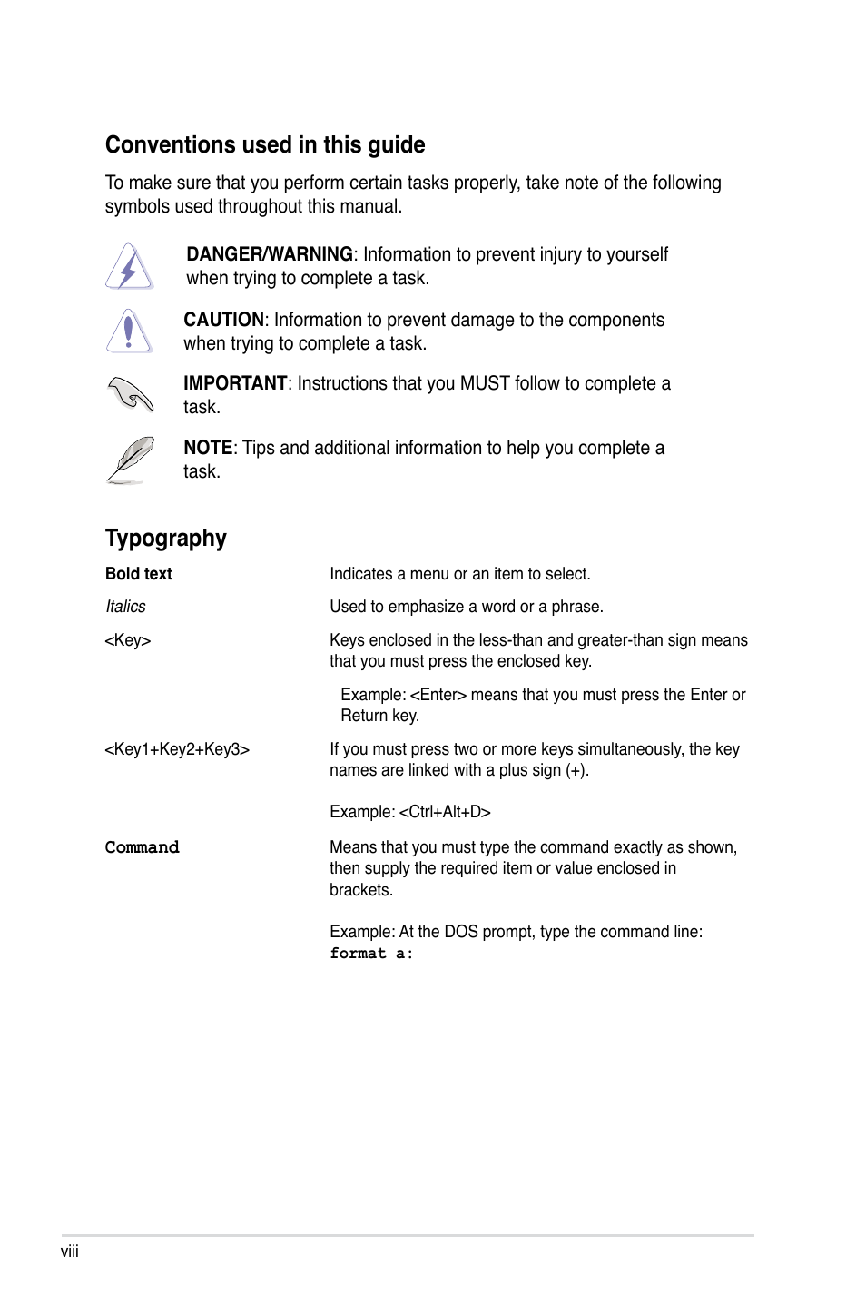 Typography, Conventions used in this guide | Asus ASMB3 User Manual | Page 8 / 68