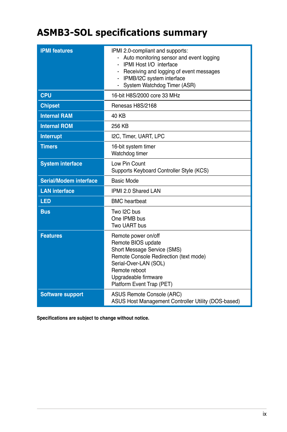 Asmb3-sol specifications summary | Asus ASMB3 User Manual | Page 9 / 68