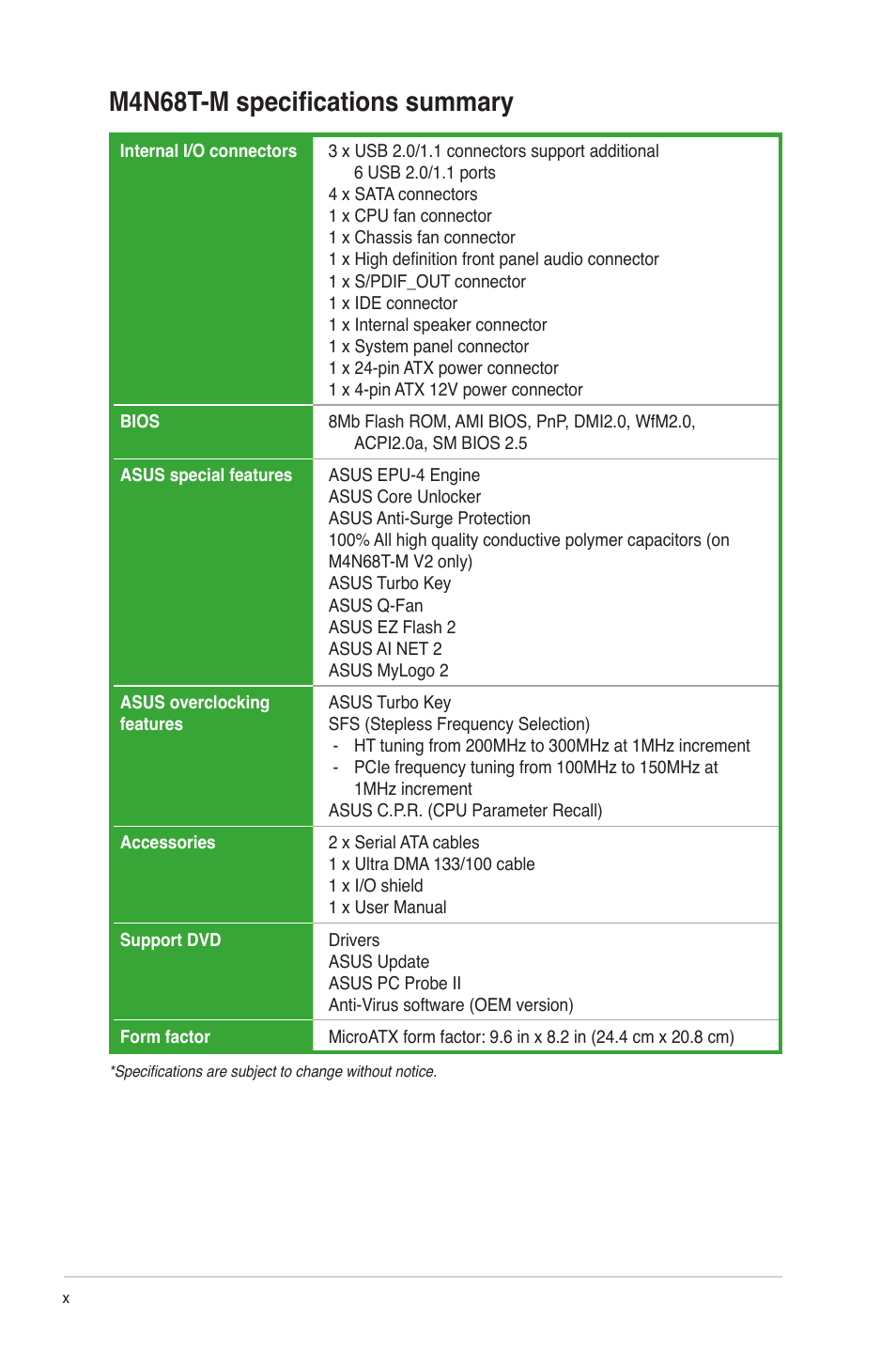 M4n68t-m specifications summary | Asus M4N68T-M V2 User Manual | Page 10 / 66