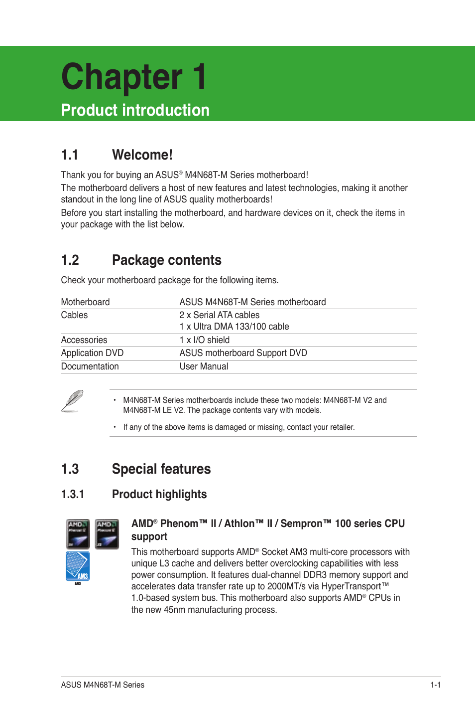 Chapter 1, Product introduction, 2 package contents | 3 special features, 1 welcome | Asus M4N68T-M V2 User Manual | Page 11 / 66