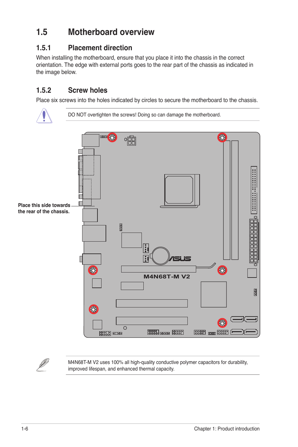 5 motherboard overview, 1 placement direction, 2 screw holes | Asus M4N68T-M V2 User Manual | Page 16 / 66