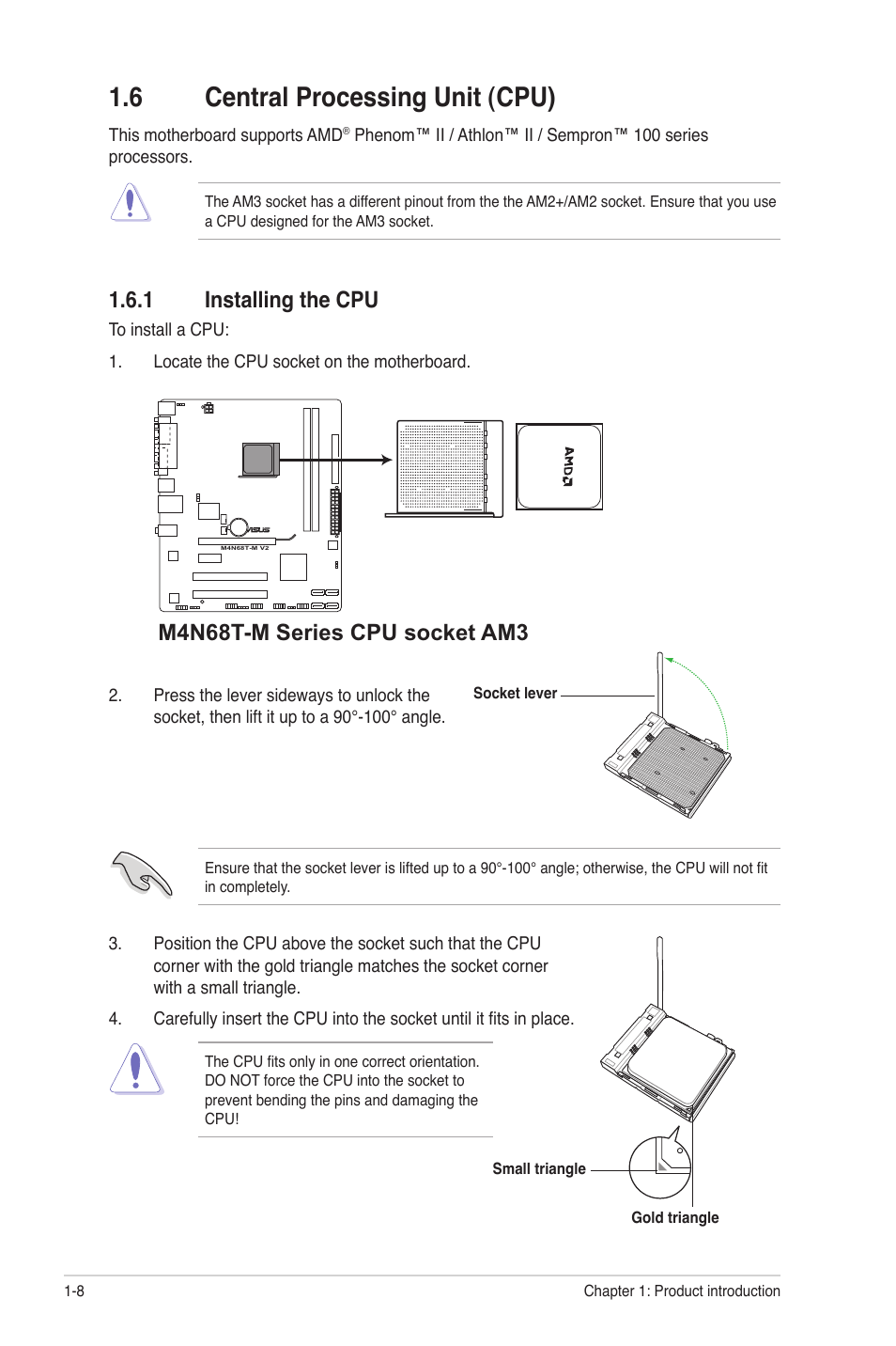 6 central processing unit (cpu), 1 installing the cpu, M4n68t-m series cpu socket am3 | Asus M4N68T-M V2 User Manual | Page 18 / 66