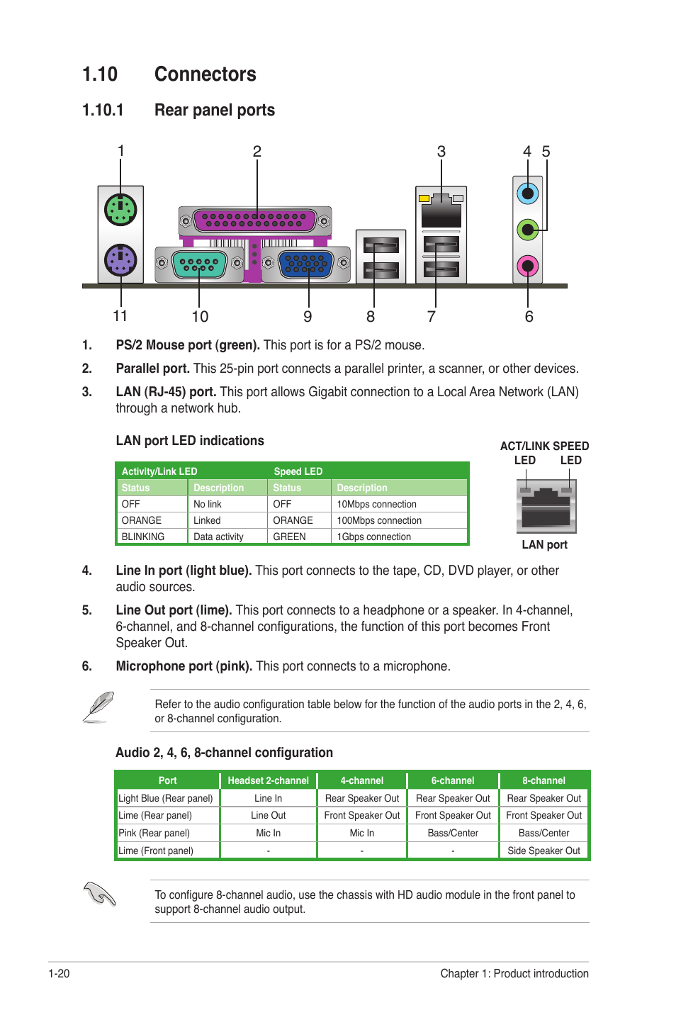 10 connectors, 1 rear panel ports | Asus M4N68T-M V2 User Manual | Page 30 / 66