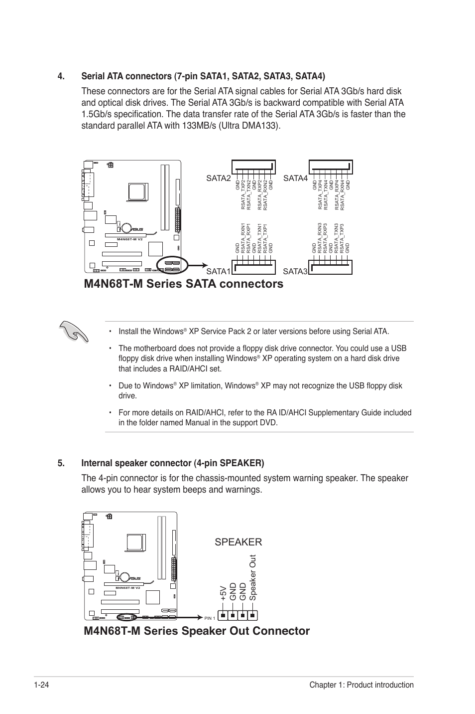 M4n68t-m series sata connectors, M4n68t-m series speaker out connector, Speaker | Asus M4N68T-M V2 User Manual | Page 34 / 66