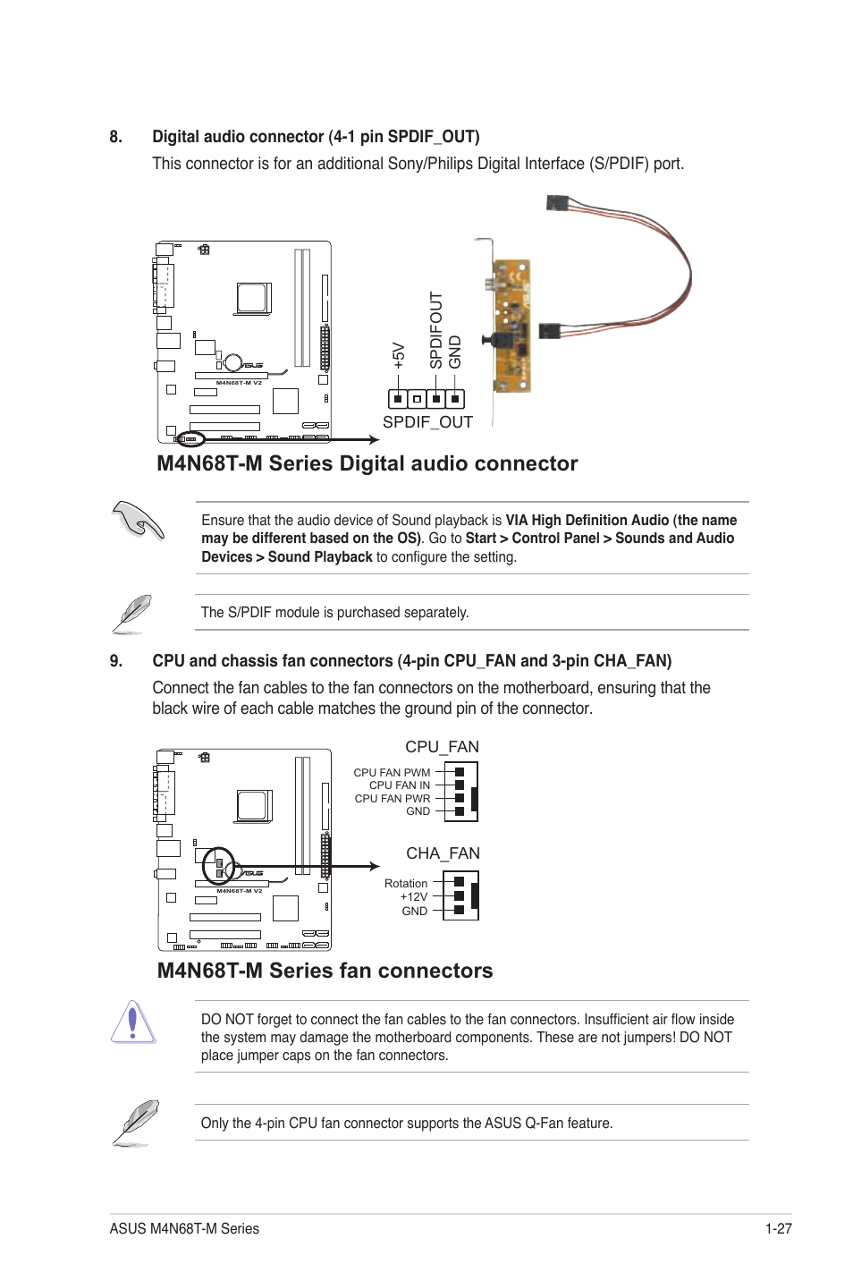 M4n68t-m series digital audio connector, M4n68t-m series fan connectors | Asus M4N68T-M V2 User Manual | Page 37 / 66