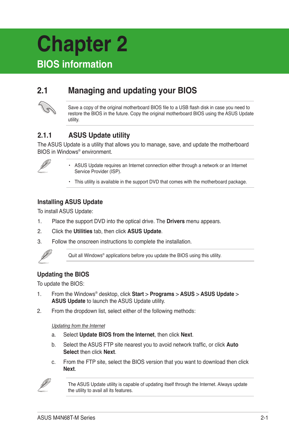 Chapter 2, Bios information, 1 managing and updating your bios | 1 asus update utility | Asus M4N68T-M V2 User Manual | Page 39 / 66