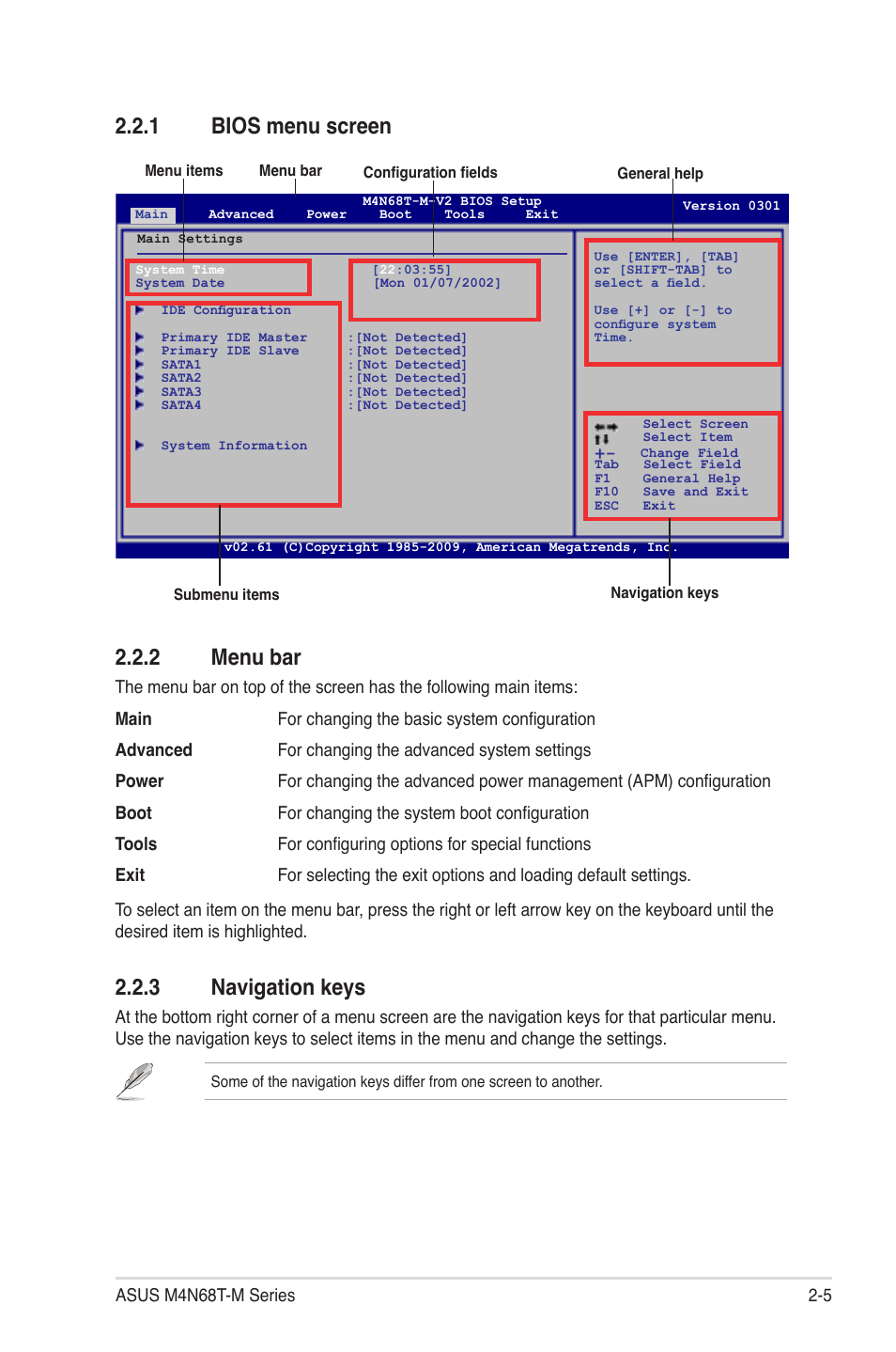 1 bios menu screen 2.2.2 menu bar, 3 navigation keys | Asus M4N68T-M V2 User Manual | Page 43 / 66