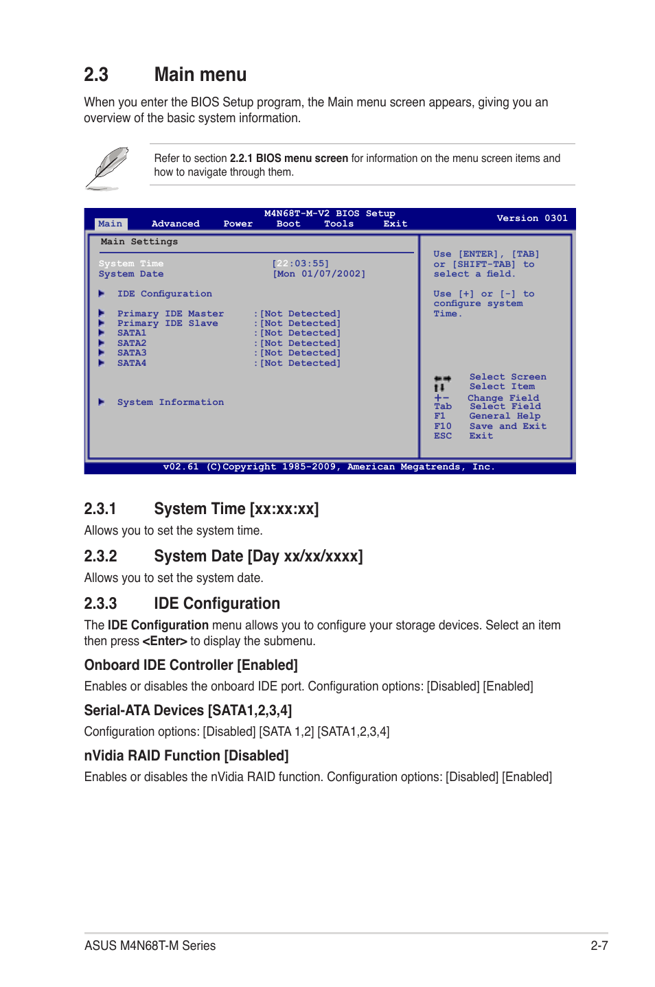 3 main menu, 1 system time [xx:xx:xx, 3 ide configuration | Onboard ide controller [enabled, Serial-ata devices [sata1,2,3,4, Nvidia raid function [disabled | Asus M4N68T-M V2 User Manual | Page 45 / 66