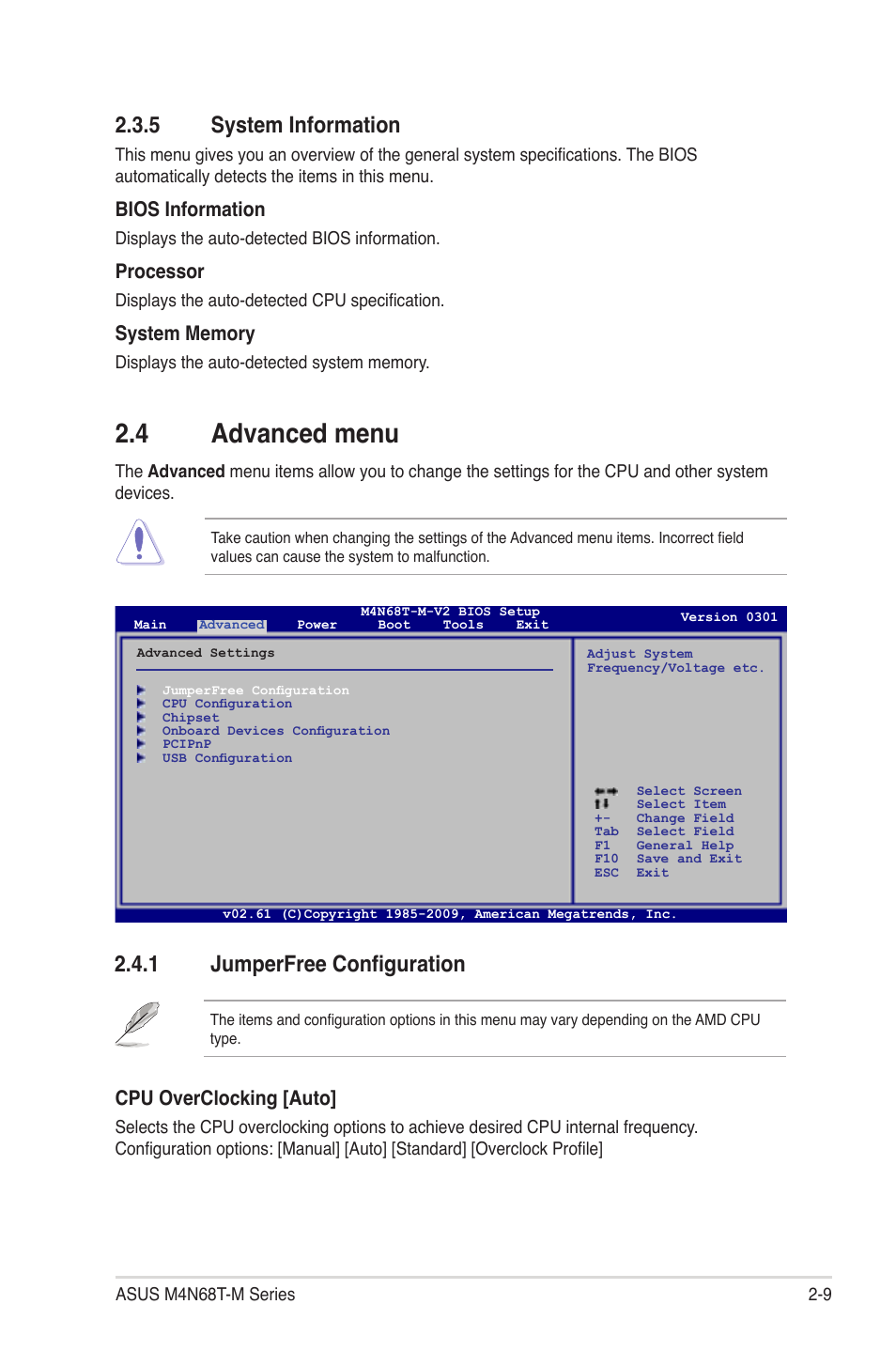 4 advanced menu, 1 jumperfree configuration, 5 system information | Bios information, Processor, Cpu overclocking [auto | Asus M4N68T-M V2 User Manual | Page 47 / 66