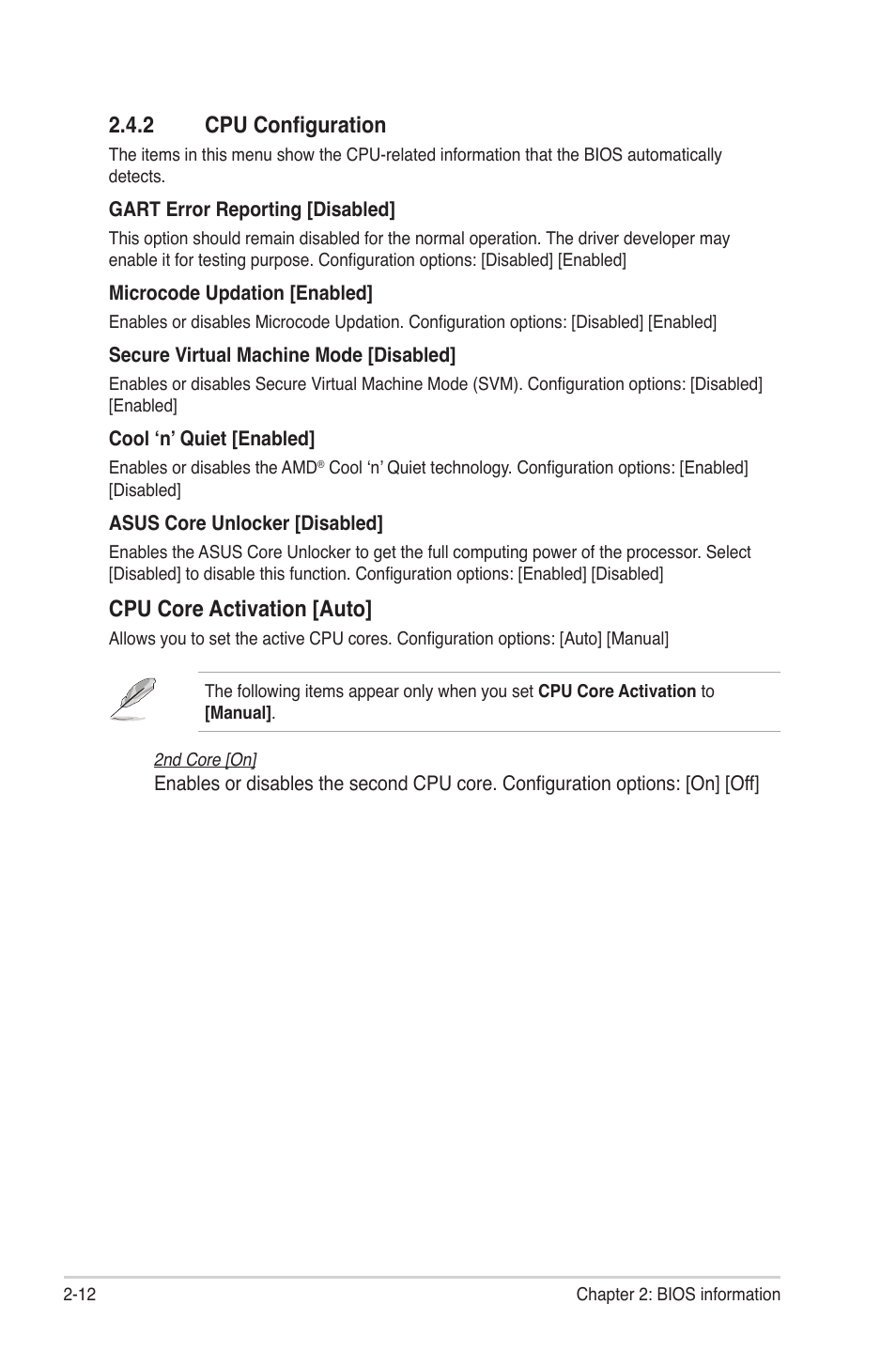 2 cpu configuration, Cpu core activation [auto | Asus M4N68T-M V2 User Manual | Page 50 / 66