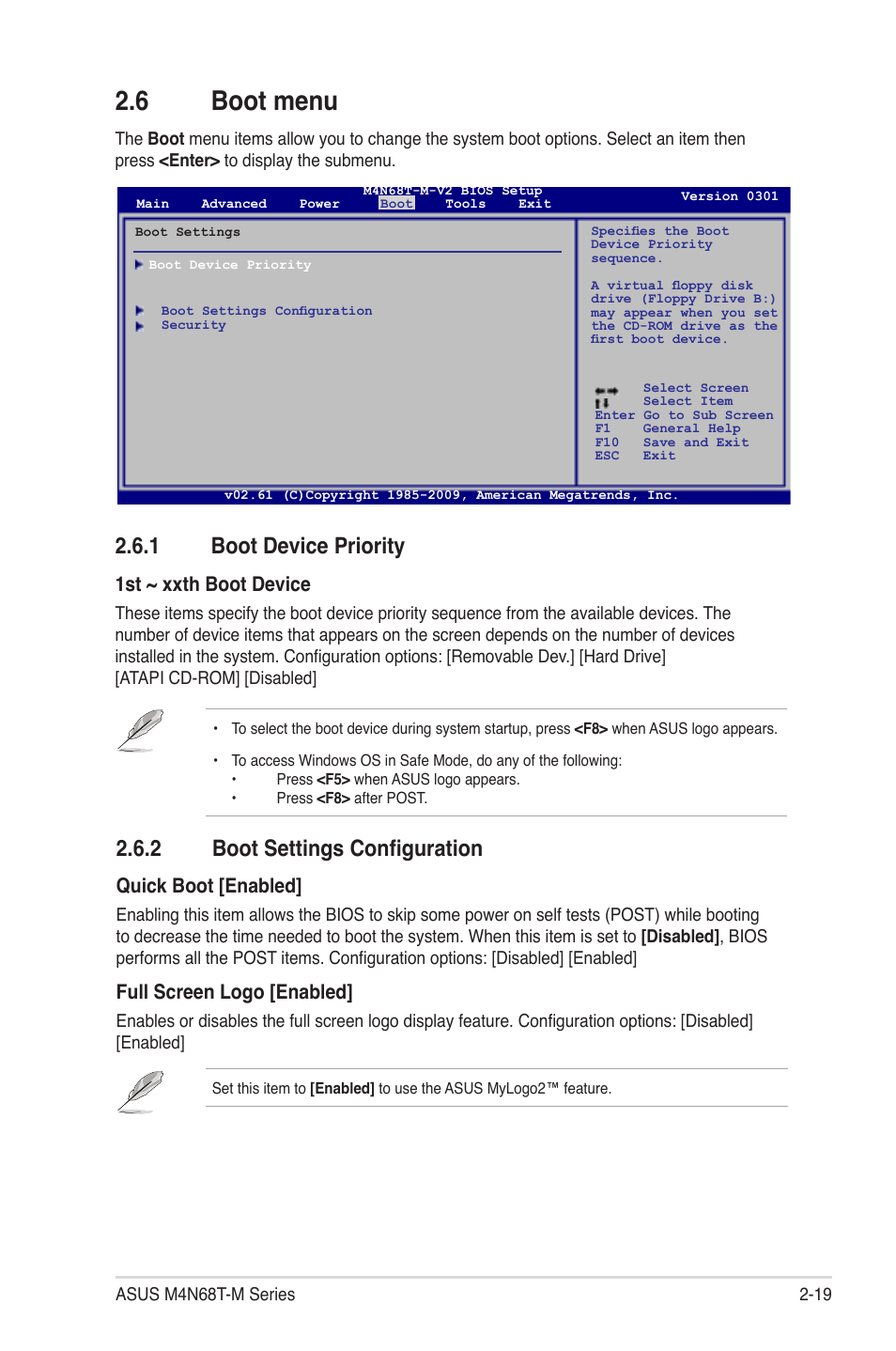 6 boot menu, 1 boot device priority, 2 boot settings configuration | 1st ~ xxth boot device, Quick boot [enabled, Full screen logo [enabled | Asus M4N68T-M V2 User Manual | Page 57 / 66