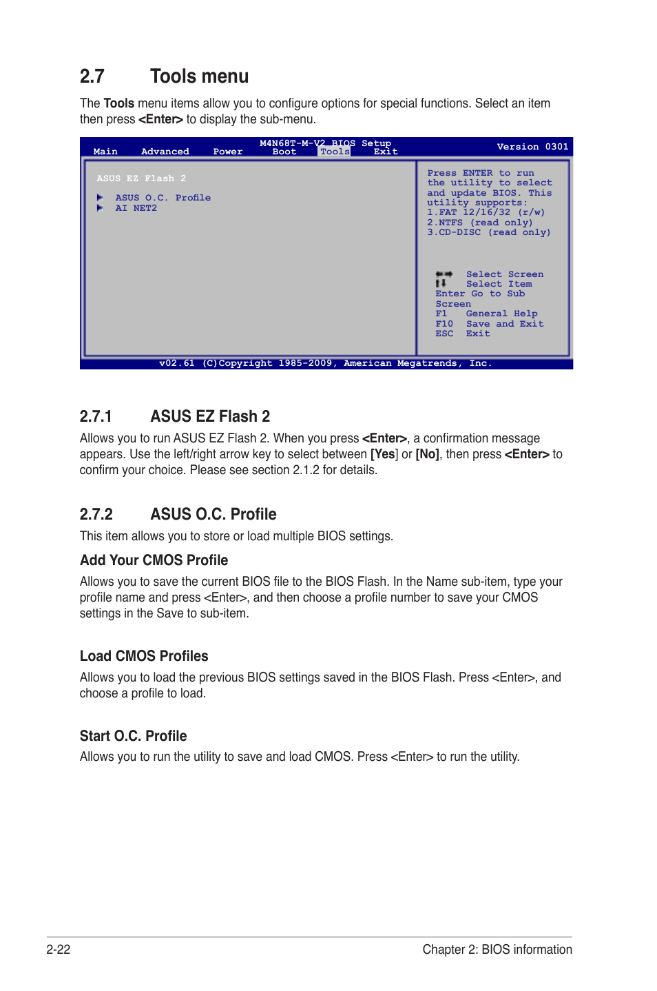 7 tools menu, 1 asus ez flash 2, 2 asus o.c. profile | Add your cmos profile, Load cmos profiles, Start o.c. profile | Asus M4N68T-M V2 User Manual | Page 60 / 66