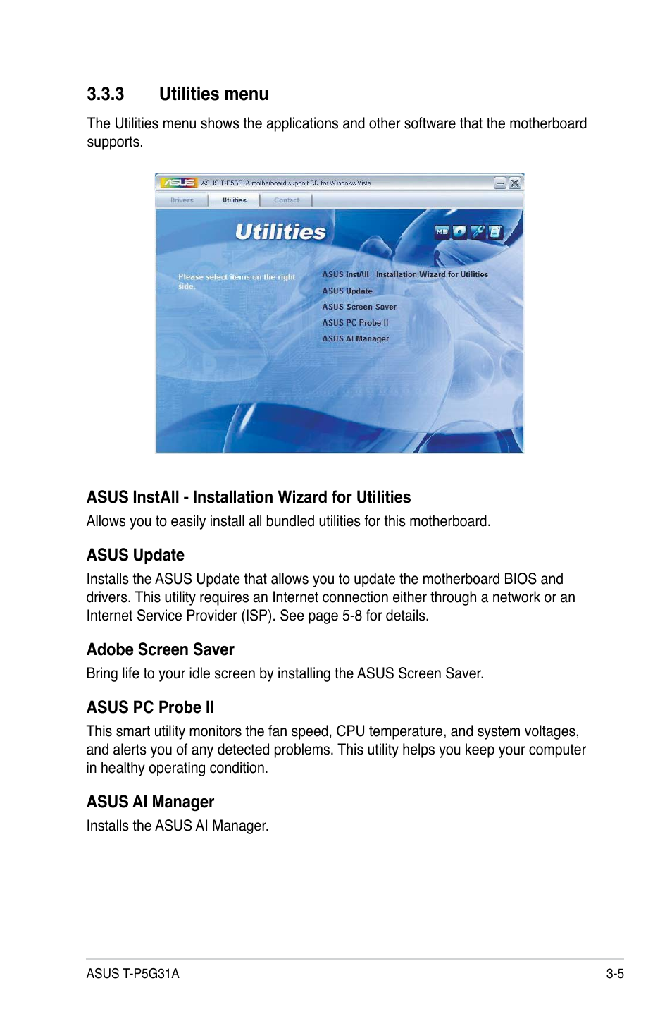 3 utilities menu | Asus T4-P5G31A User Manual | Page 43 / 94