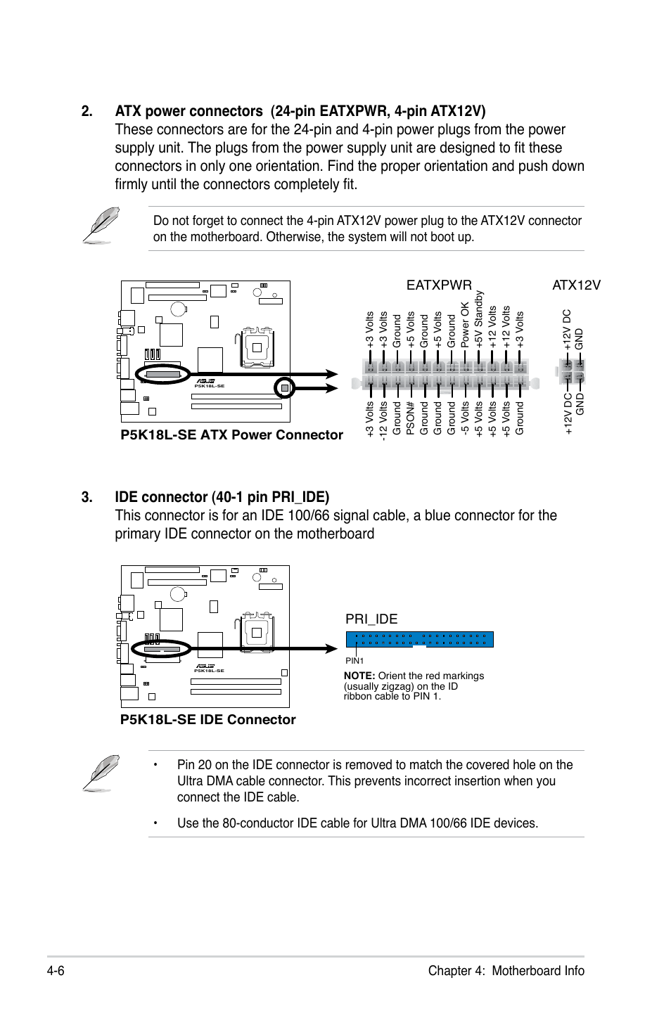 6 chapter 4: motherboard info, P5k18l-se atx power connector eatxpwr, Atx12v | P5k18l-se ide connector, Pri_ide | Asus T4-P5G31A User Manual | Page 50 / 94