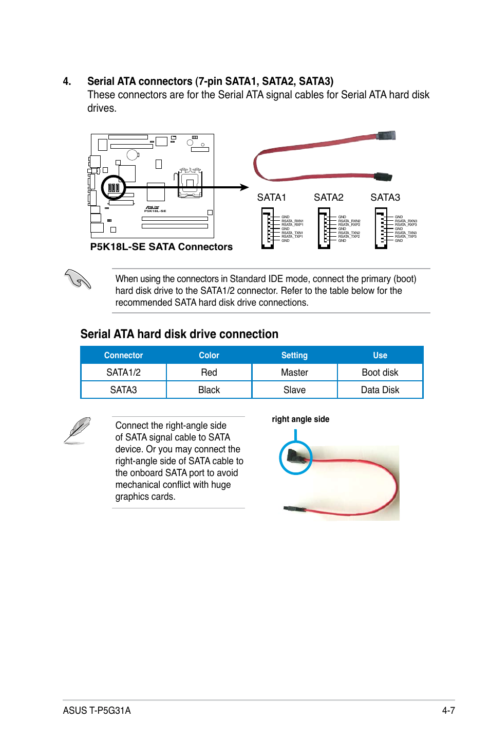 Serial ata hard disk drive connection, 7 asus t-p5g31a, P5k18l-se sata connectors | Sata3, Sata2, Sata1 | Asus T4-P5G31A User Manual | Page 51 / 94