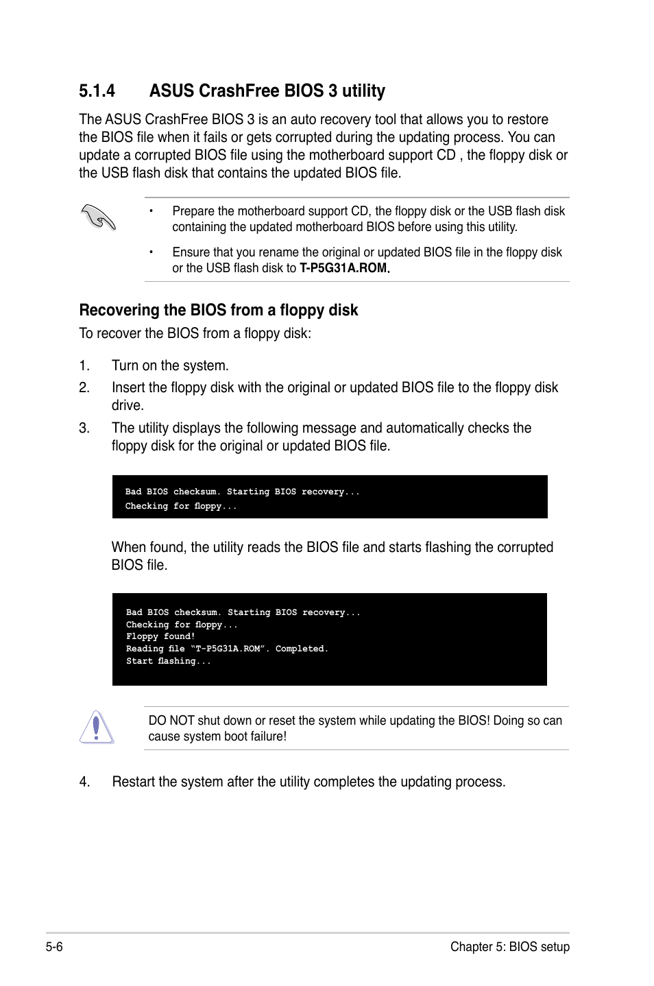 4 asus crashfree bios 3 utility, Recovering the bios from a floppy disk | Asus T4-P5G31A User Manual | Page 58 / 94